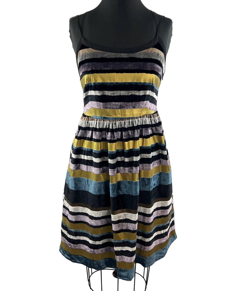 ANTHROPOLOGIE WOLVEN Velvet Multicolor Striped Crisscross Back Strap Dress Sz 6
